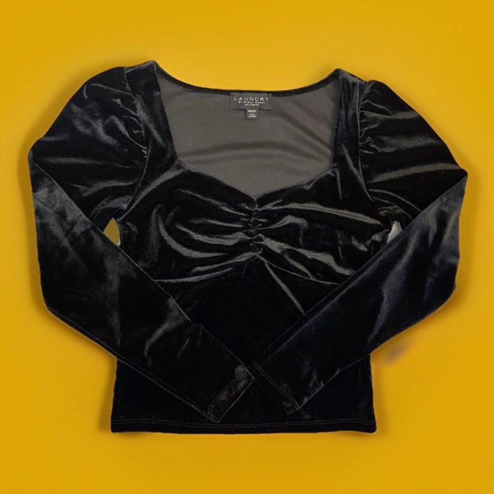 Laundry Black Velvet Sweetheart Women's S L/S Blouse Top Velour Puff Shldr Y2K